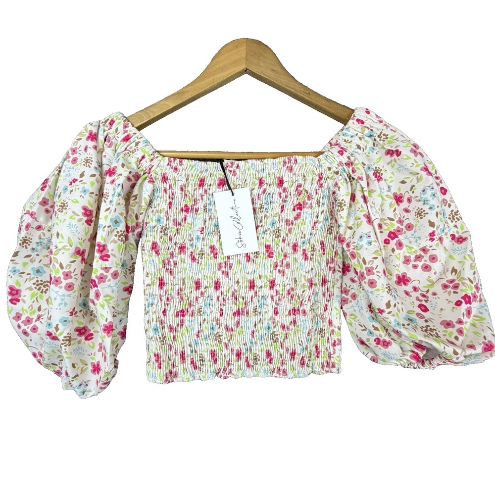 Sokie‎ Collective Puff Sleeve Smocked Top Women XS Greenwich Floral Cottage